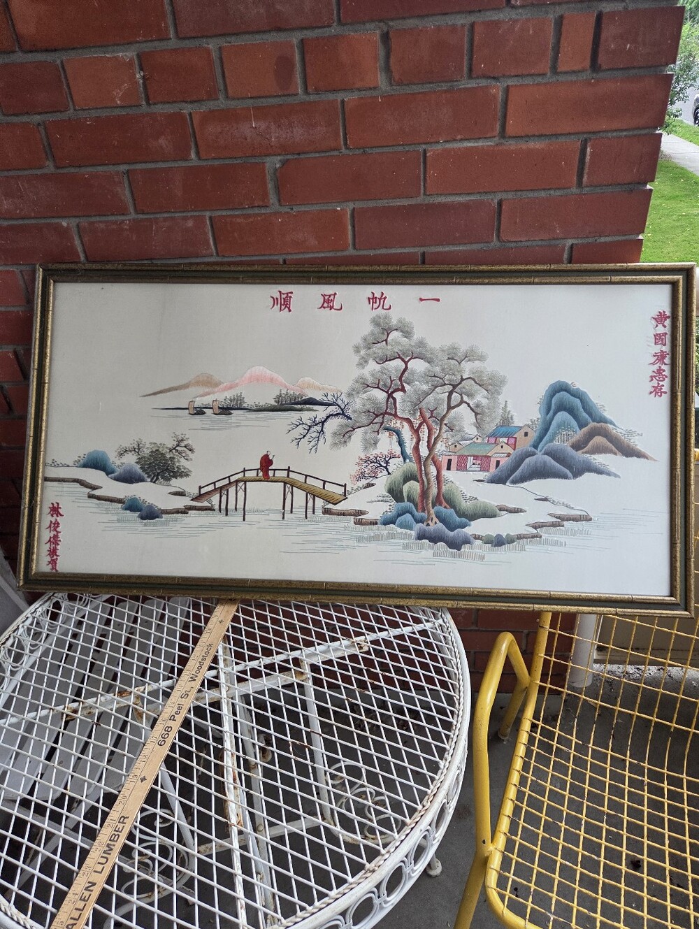 Large Vintage Chinese Silk Hand Embroidery Framed Art Landscape 41x21" Smooth...